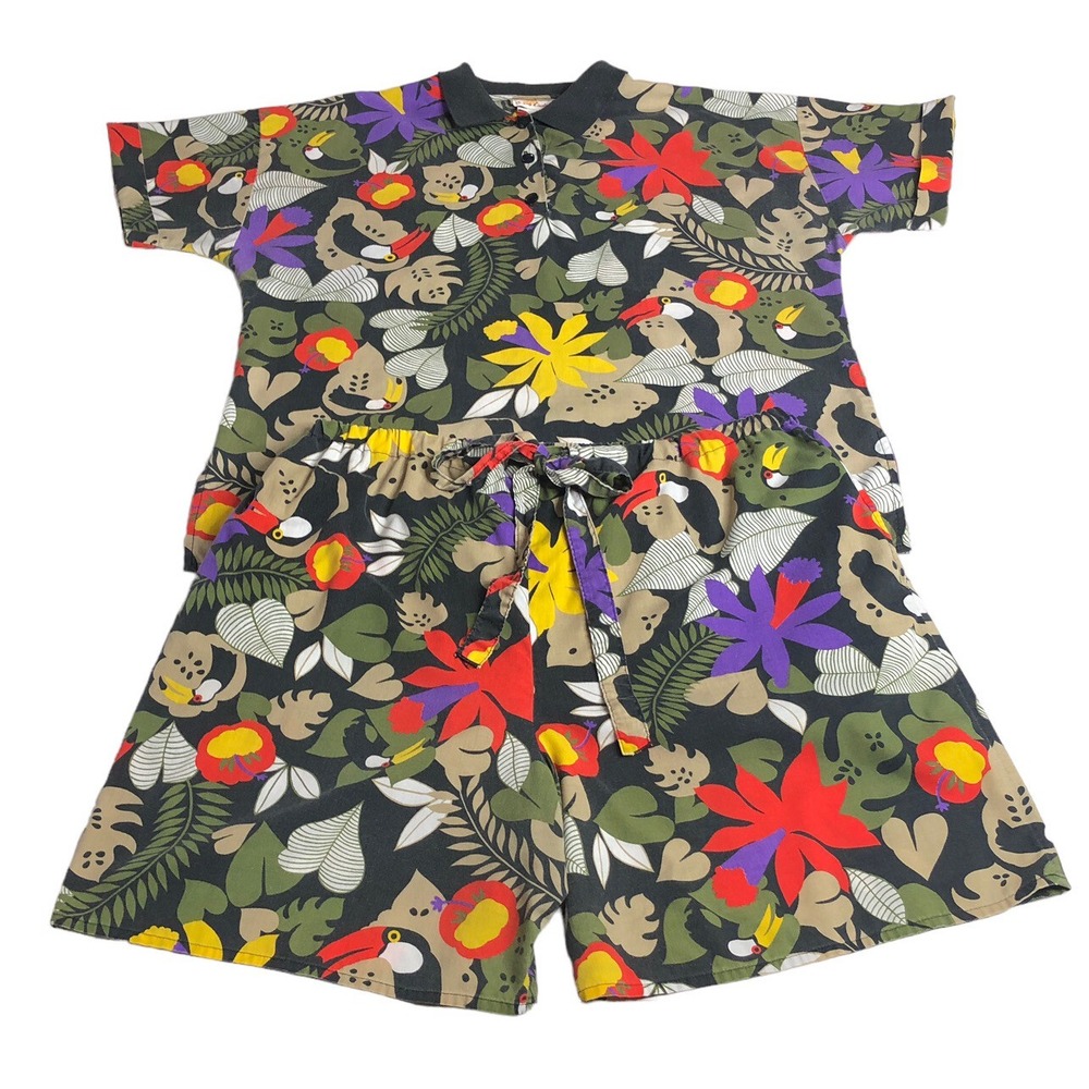Vintage Sunny Lady Hawaiian Polo Top Shorts Set Womens‎ 38 Floral All Over Print